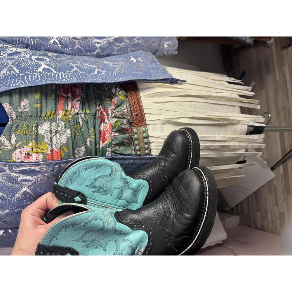 Justin Gypsy Turquoise Black Western Ankle Boots Women 7B Leather Cowboy Booties